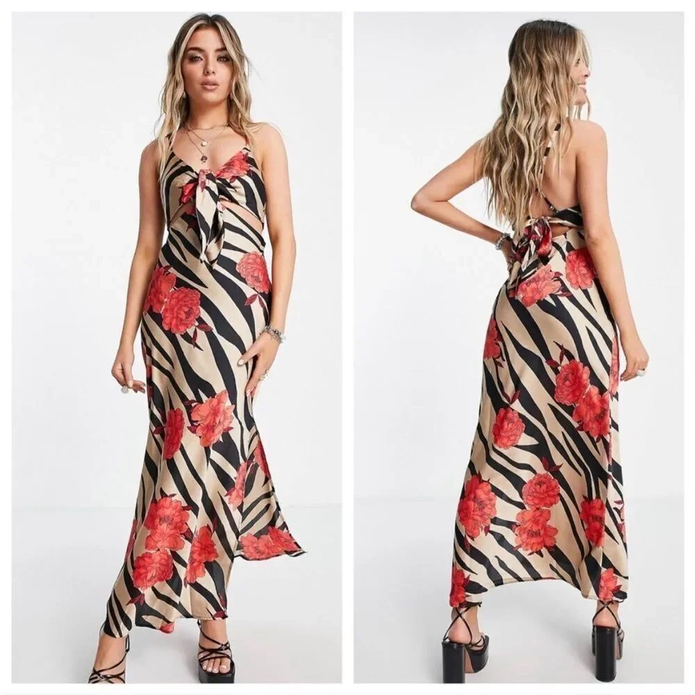 Topshop cutout floral zebra satin midi slip tank dress